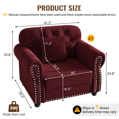 41.3 inch  Burgundy Velvet Mid-Century Sofa, Nailhead Trim & 1 Pillow