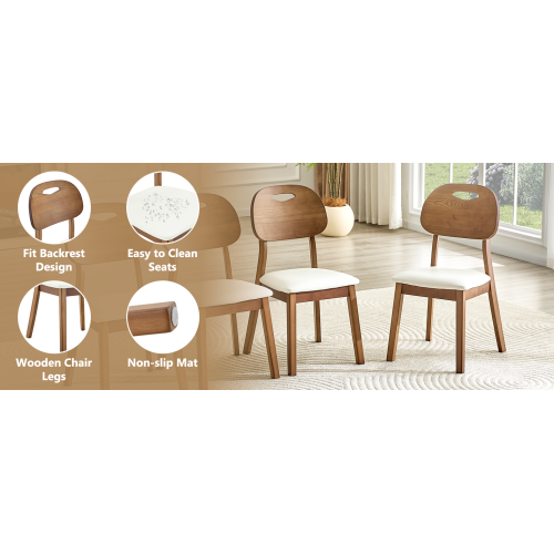 Set of 2 Walnut Solid Wood Dining Chairs, Curved Hollow Back with White PU Cushion