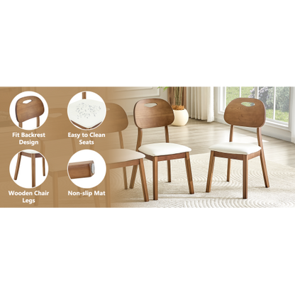 Set of 2 Walnut Solid Wood Dining Chairs, Curved Hollow Back with White PU Cushion