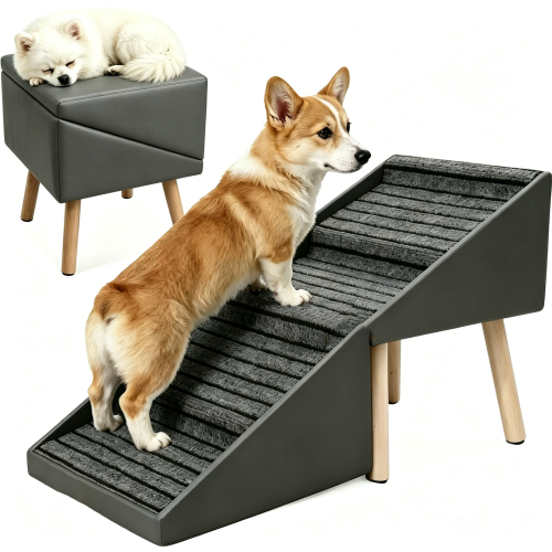Grey 2-in-1 Foldable 4-Step Dog Ramp Ottoman 19.69 inch, Foldable Footstool for Small Dogs