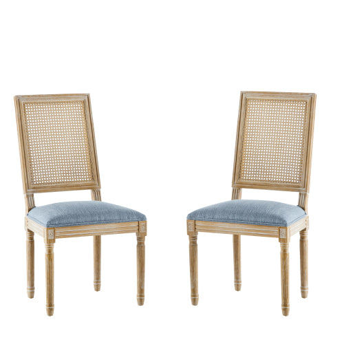 Set of 2 French Country Cane Back Dining Chairs, Weathered Rubberwood Fluted Leg Vintage Kitchen Chairs