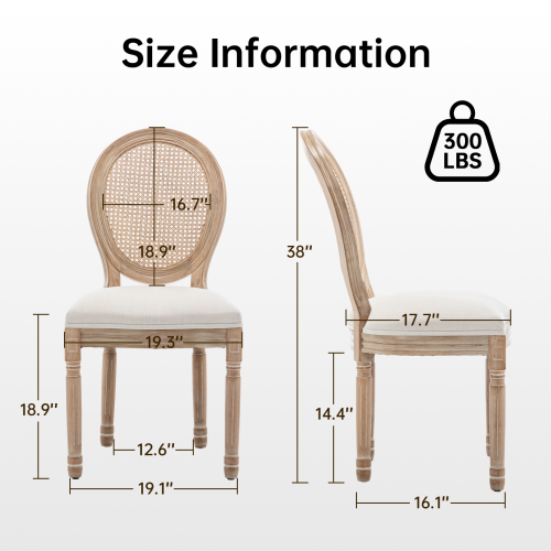 Rattan Back Wood Dining Chairs with Linen Seats, Set of 2, Beige