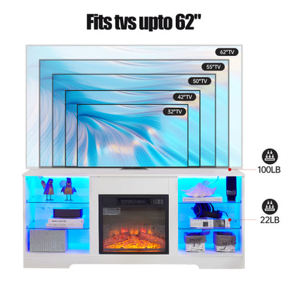 58 Inch White Electric Fireplace TV Stand 3D Color LED Light Media Cabinet with USB Power Outlet for 65 Inch TV