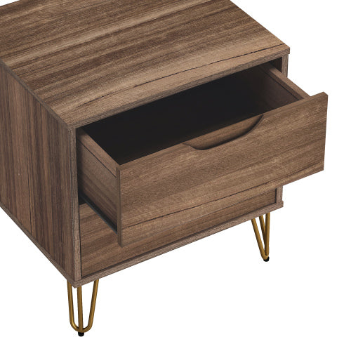 Brown Modern Nightstand, 2 Drawers & Metal Legs