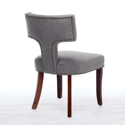 Set of 2 Gray Linen Mid-Century Farmhouse Dining Chairs, Copper Nail Curved Back Walnut Solid Wood Legs 300lbs Capacity