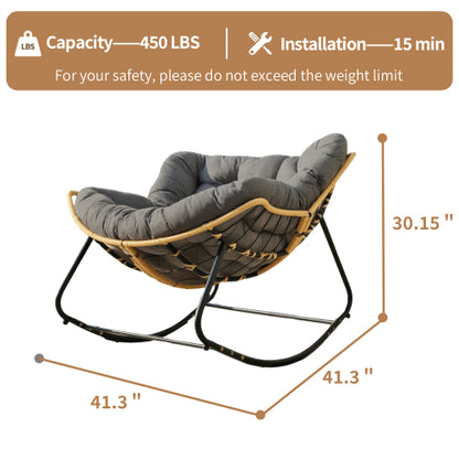 Larger Outdoor Rocking Chair, Patio Egg Rocking Chair, Indoor Papasan Chair, Rattan Wicker Lounge Chair, Modern Royal Chair for Bedroom, Living Room, Porch, Garden,Lawn-Dark Grey