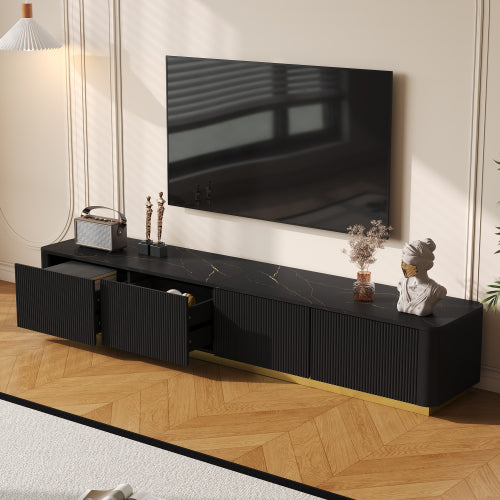 Luxury Fluted TV Stand with Faux Marble Top Black Entertainment Center