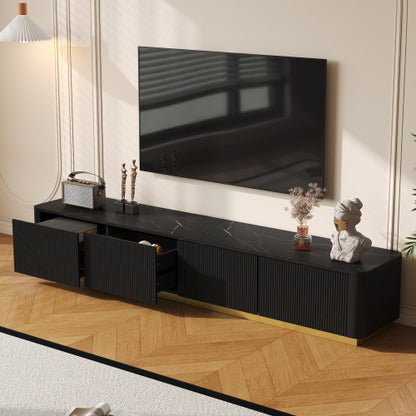Luxury Fluted TV Stand with Faux Marble Top Black Entertainment Center