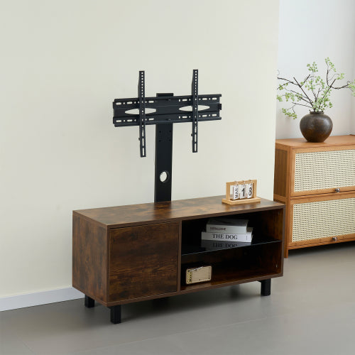 Rustic Brown Wood Glass TV Console, Push-to-Open Storage Cabinet for Up to 65 Inch TV