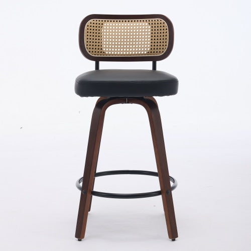 Set of 2 Counter Height Bar Stools - 26 inch Rattan Counter Height Stools with Cane Back, Upholstered Seat, Walnut Craftsmanship, Swivel Counter Stools for Island/Kitchen/Counter/Bar (Walnut Black)