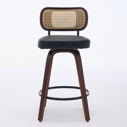 Set of 2 Counter Height Bar Stools - 26 inch Rattan Counter Height Stools with Cane Back, Upholstered Seat, Walnut Craftsmanship, Swivel Counter Stools for Island/Kitchen/Counter/Bar (Walnut Black)
