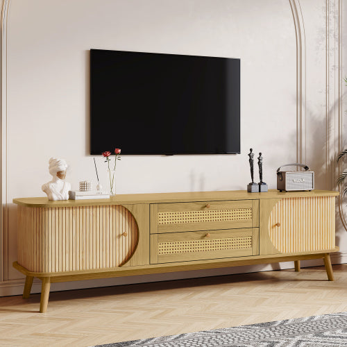 66.93 Inch Brown Farmhouse Rattan Sliding Door TV Stand Solid Wood Legs Fits 75 Inch TV