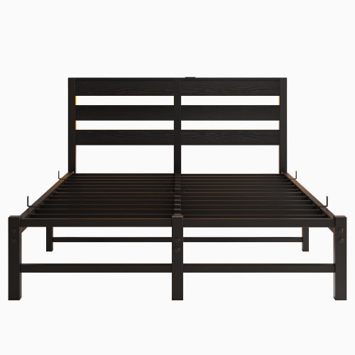 Full Size Metal Bed Frame with Wooden Headboard, RGB Lights, Outlets & Charger, Storage Shelf, Noise-Free, No Box Spring Needed