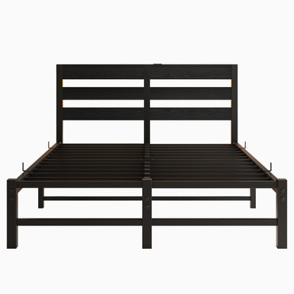Full Size Metal Bed Frame with Wooden Headboard, RGB Lights, Outlets & Charger, Storage Shelf, Noise-Free, No Box Spring Needed