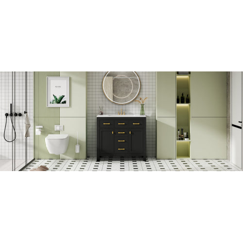 36'' Bathroom Vanity with Ceramic Sink Combo Set,Modern Freestanding Single Bathroom Cabinet with 4 Drawers & 2 Cabinets,Storage Cabinet for Bathroom, Solid Wood Frame Vanity Set, Black