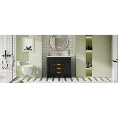 36'' Bathroom Vanity with Ceramic Sink Combo Set,Modern Freestanding Single Bathroom Cabinet with 4 Drawers & 2 Cabinets,Storage Cabinet for Bathroom, Solid Wood Frame Vanity Set, Black