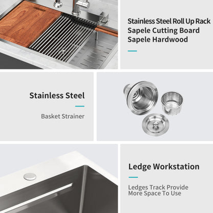 33" Drop in Kitchen Sink - 33 x 22 x 10 inch Kitchen Sink Drop-in Topmount Single Bowl 16 Gauge Stainless Steel Ledge Workstation Kitchen Sinks