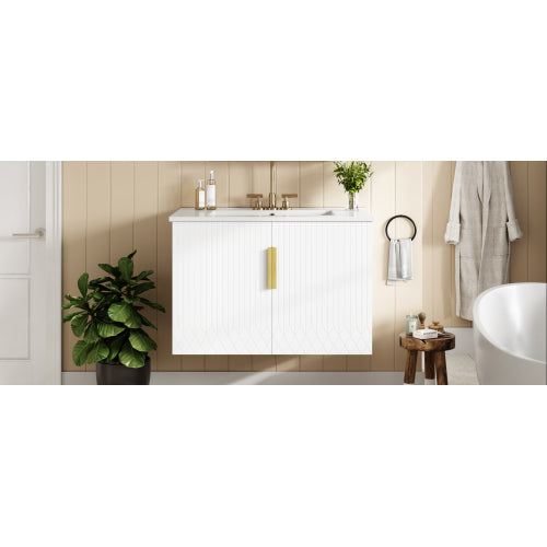 30" Vintage Bathroom Vanity with Ceramic Sink, with 3 Holes Single Ceramic Sink, Bathroom Storage Vanity Cabinet with 2 Soft Closing Doors