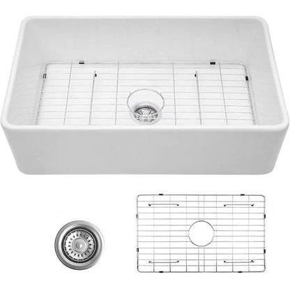 33 inch White Farmhouse Sink, Fireclay Apron Front Farm Kitchen Sinks Farmhouse Ceramic Porcelain Single Bowl Deep Large Capacity Kitchen Sink with Stainless Steel Grid and Strainer