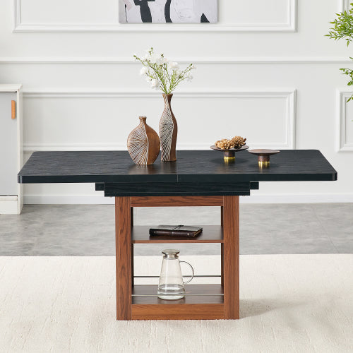Expandable MDF Dining Table with Storage, Black Tabletop