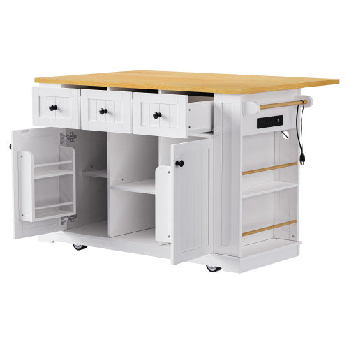 53inch Large Kitchen Island with Drop Leaf, Power Outlet, Door Internal Storage Rack, Rolling Kitchen Cart on 5 Wheels with 5 Open Side Racks for Kitchen, Dining Room,White(Not include bar stools)