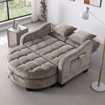 Brown 2-Seater Irregular Curved Sofa Chaise, Storage Footrest,2 Throw Pillows