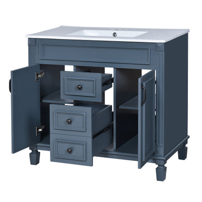 36'' Bathroom Vanity with Top Sink, Royal Blue Mirror Cabinet, Modern Bathroom Storage Cabinet with 2 Soft Closing Doors and 2 Drawers, Single Sink Bathroom Vanity