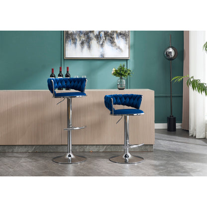 Set of 2 Bar Stools,with Chrome Footrest and Base Swivel Height Adjustable Mechanical Lifting Velvet + Chrome  Leg Simple Bar Stool-BLUE