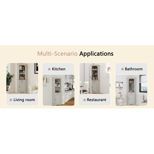 68" Tall Corner Cabinet, Freestanding Corner Storage Cabinet with 1 Door, 1 drawer and a Adjustable Shelf, Farmhouse Bar Storage Cabinet for Living Room, Dining room, Kitchen, Bathroom-Antique White