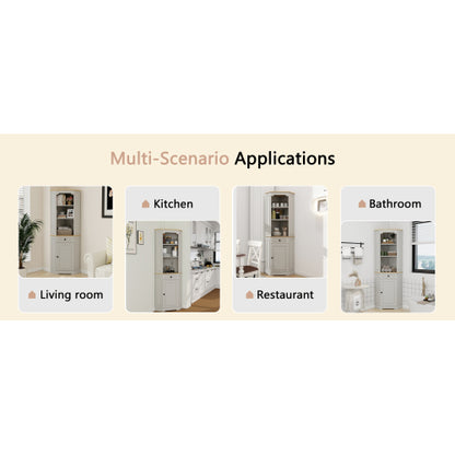 68" Tall Corner Cabinet, Freestanding Corner Storage Cabinet with 1 Door, 1 drawer and a Adjustable Shelf, Farmhouse Bar Storage Cabinet for Living Room, Dining room, Kitchen, Bathroom-Antique White