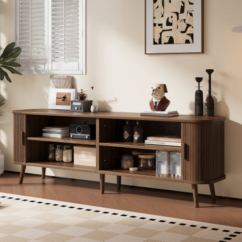 70 inch Modern TV Stand for TVs Up to 80 inch, Wood Grain Media Console with Solid Wood Legs