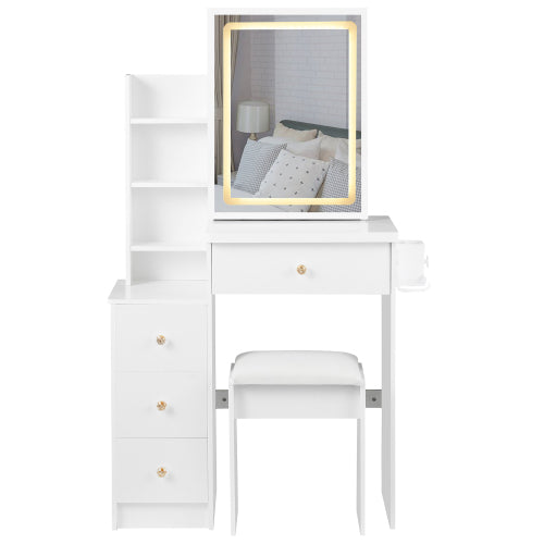 29.2" Small Size Left Bedside Cabinet Vanity Table + Cushioned Stool, 2 AC+2 USB Power Station, Hair dryer bracket, Extra Large Touch Control Sliding LED Mirror, Tri-color Switching, Brightness Adjust