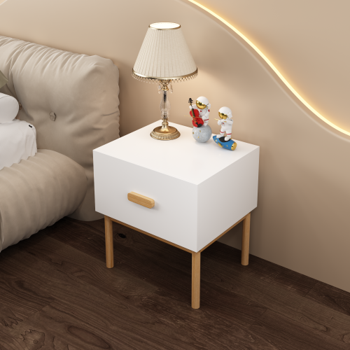 Modern White Nightstand with Drawer and Wood Legs, Minimalist Bedside Table with Handle for Bedroom, Living Room, Apartment