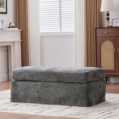 46 inch Charcoal Chenille Upholstered Ottoman with Black Metal Legs, 500 LBS Multiuse Footrest for Living Room Office