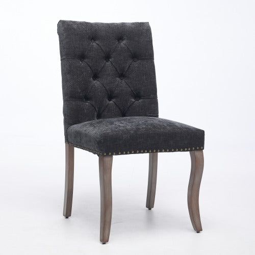 Upholstered Chenille Dining Chair Set of 2, Tufted Accent Chair with Curved Solid Wood Legs, Black