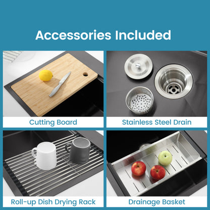 Stainless Steel Kitchen Sink, 30″x22″ Single Bowl, Overmount Handmade Sink in Black, with Cutting Board, Colande