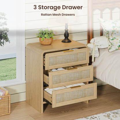 Rattan Nightstand 3 Drawers, 22.8inch  Wide Curved Wooden Bedside Table, Modern Storage for Bedroom, Natural Oak.