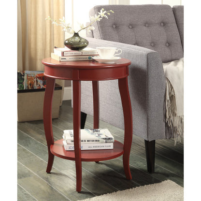 Aberta Red Finish Round Accent Table with Bottom Open Storage Shelf, Wooden Cabriole Legs