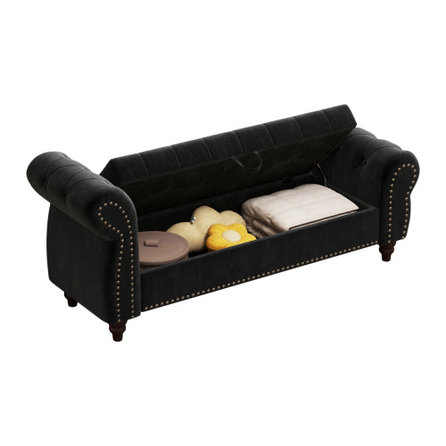 64.5inch  Bed Bench for Bed Room Nails Tufted Chaise of Lounge with Storage Velvet Upholstery Black