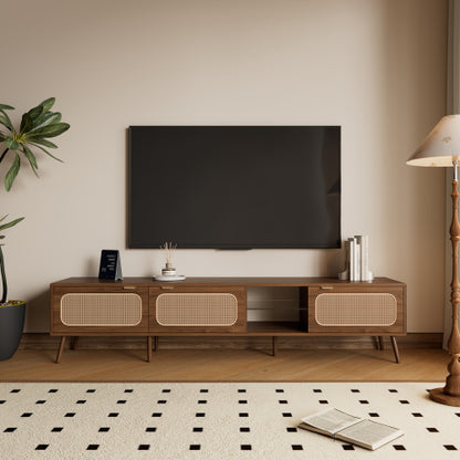 78.7 inch Walnut Rattan TV Stand Soft Close Doors Fits 75/80/85 Inch TV
