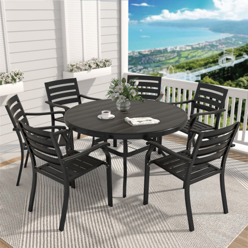 Outdoor Round Patio Dining Table for 6-7, All Weather Metal Dining Table with Umbrella Hole for Deck Lawn Garden Backyard, Black Color