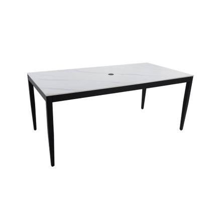 Outdoor Modern Patio 35.5"x71" Aluminum Dining Table, Greek White Marble-Inspired Sintered Stone Top, Ember Black Finish, Post Tapered Legs-Seats Six, Weatherproof & Rust-Free