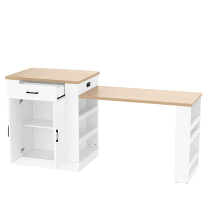 Extendable island console with drawers, double-door cabinet, and open shelving. Serves as dining table, temporary breakfast bar, and afternoon tea lounge,White