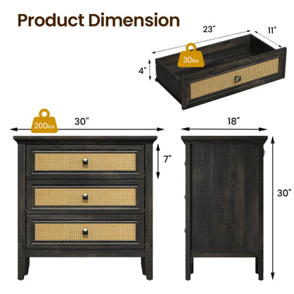 Dark Rustic Oak 3-Drawer Rattan Farmhouse Dresser Nightstand