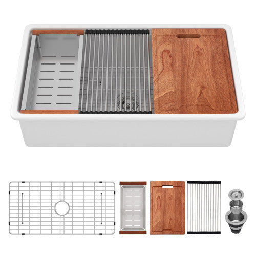 Undermount White Kitchen Sink Workstation - 33x19x10 inch White Porcelain Ceramic Single Bowl Dual Mount Kitchen Sink