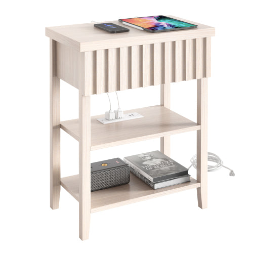 Beige Fluted Nightstand with Charging Station