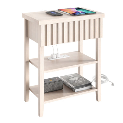Beige Fluted Nightstand with Charging Station