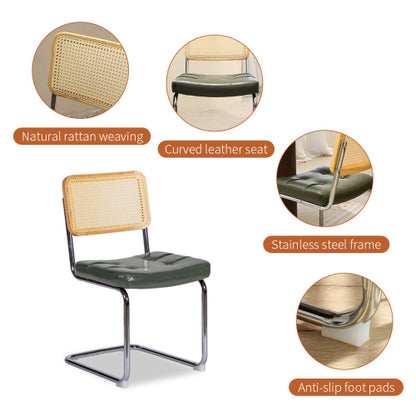 Set of 2 Dark Green Faux Leather Rattan Cantilever Dining Chairs, Chrome Tubular Steel Breuer Frame Stackable Side Chairs