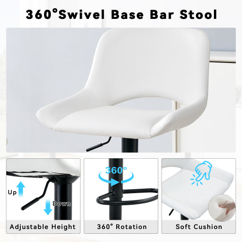 Modern Swivel Adjustable Bar Stools Set - 2 Pack, White PU Material, with Footrest, Holds Up to 250 lbs, Suitable for Home Bars and Kitchen Islands