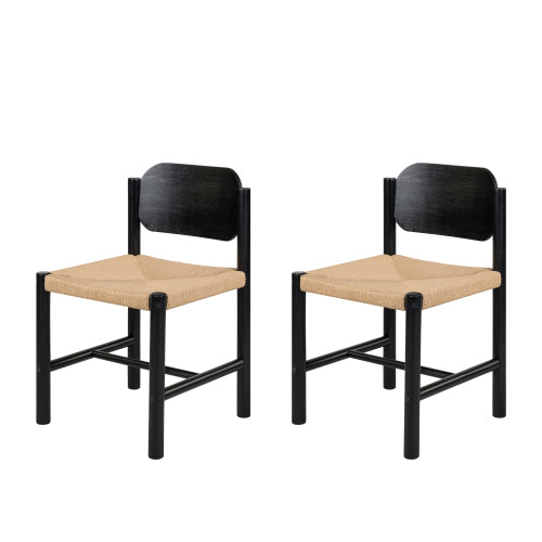 Set of 2 Indoor Armless Dining Chairs, Beige Handmade Paper Rope Weave Seat, Beechwood Frame